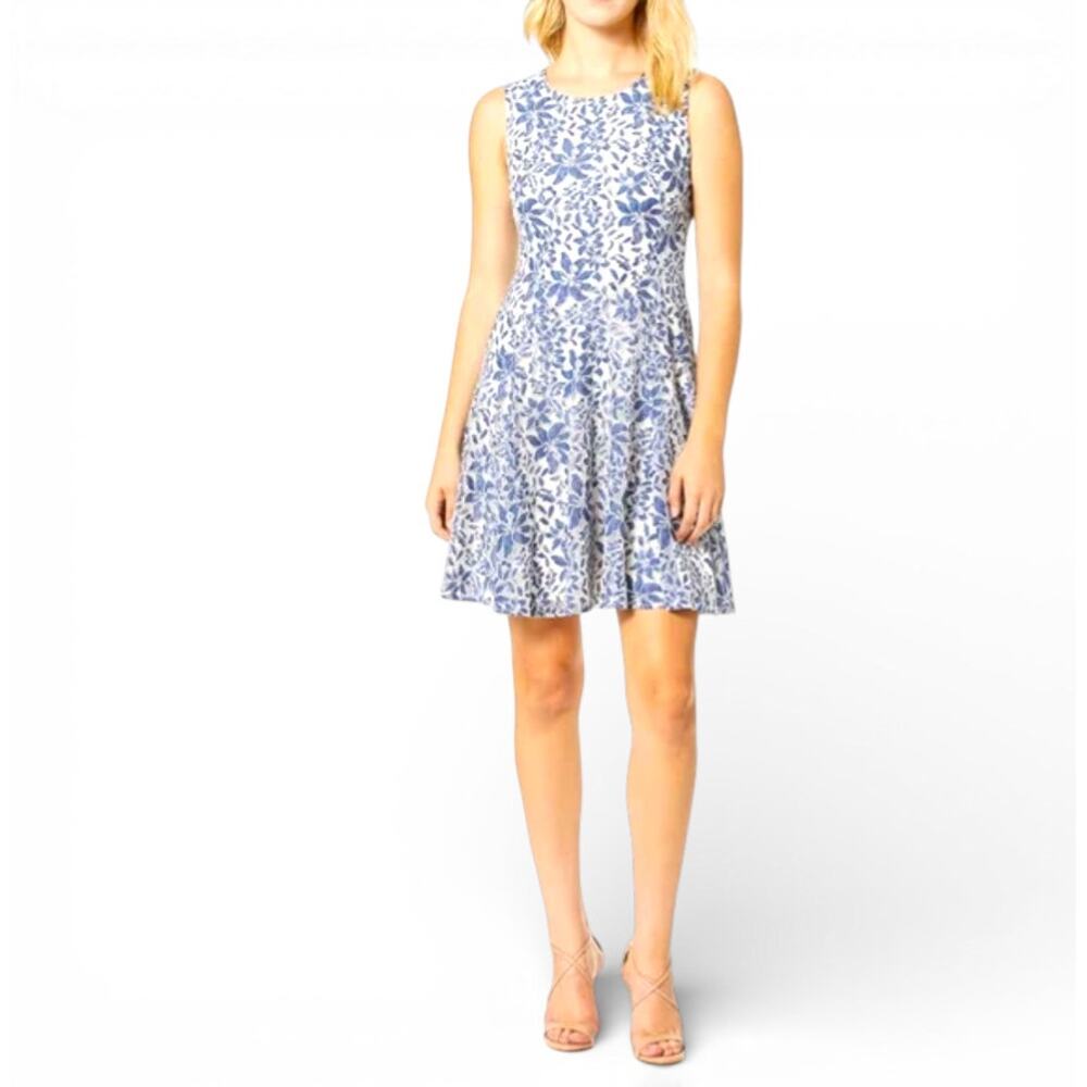 TOMMY HILFIGER Blue & White Floral Lace Lined Fit Flare Dress - Size 14